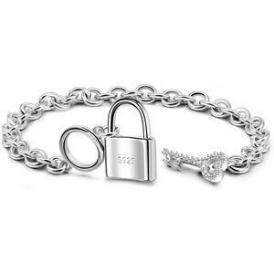 Charm Women 925 Sterling Silver Key Lock Pendant Bracelet Fashion Solid Silver R
